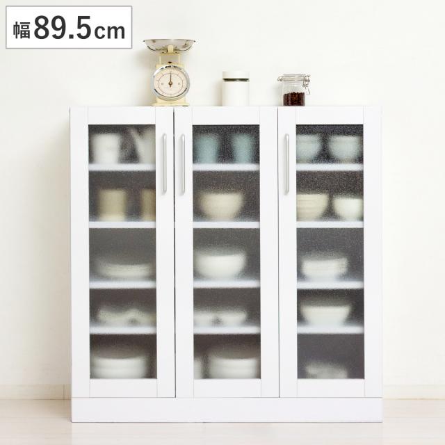 食器棚 幅89.5cm 高さ90cm メラミン すりガラス 背面化粧 （ カップボード キッチン 収納 可動棚 引出し 大容量 食器収納 スリム 隙間収納 ホワイト 家具 シンプル ）