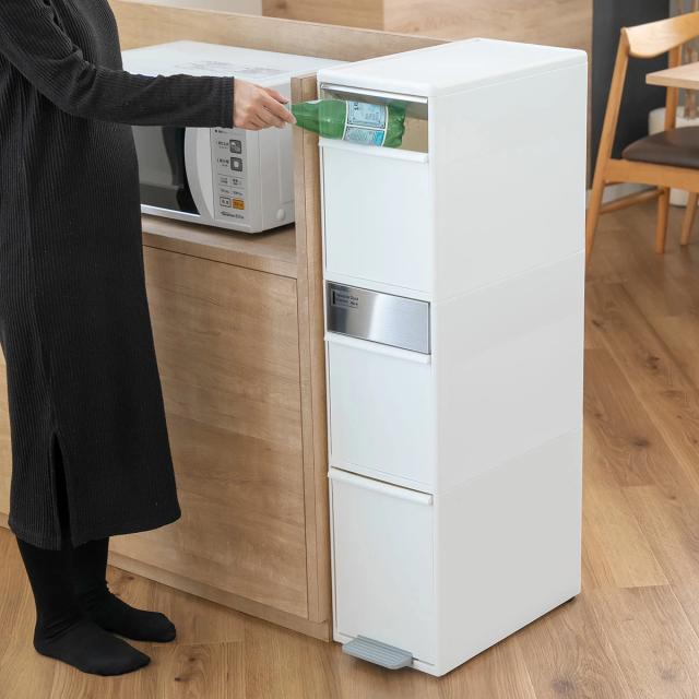 ゴミ箱 55L 幅25.5cm 3段 分別 スイングステーション ワイド （ 55リットル 縦型 ダストボックス ごみ箱 キッチン ふた付き 分別ゴミ箱 スリム ペダル式 シンプル 引き出し おしゃれ スイングふた ペダル 隙間 収納 ）_19