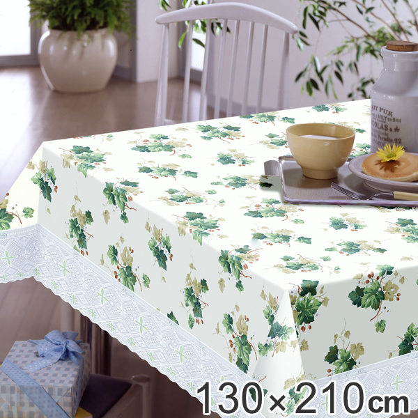 テーブルクロス 130×210cm エクシード リモージュ 撥水 樹脂製 すべり止めシート付き （ テーブル掛け ビニール 塩ビ テーブル 食卓 クロス 130cm 210cm 机 マット シート 防水 拭ける おしゃれ かわいい レース ボタニカル ）
