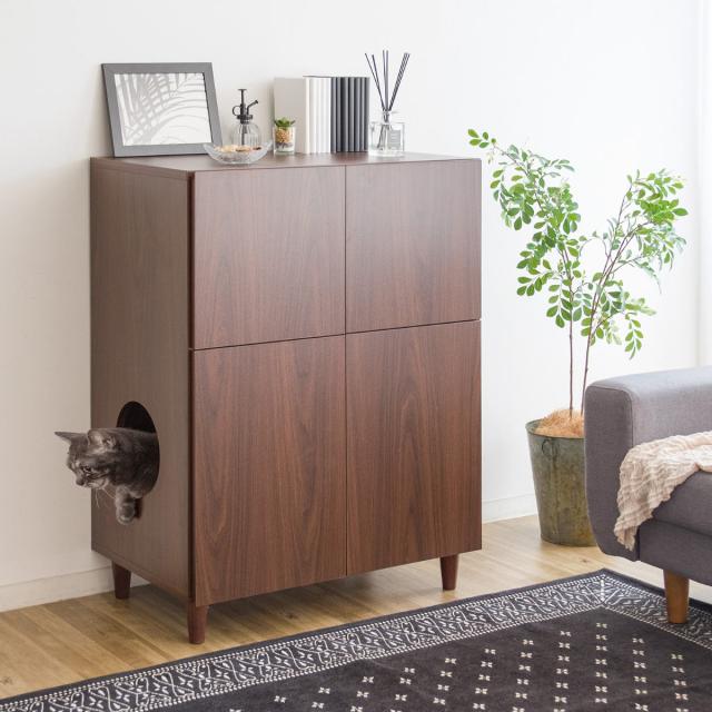 キャットトイレクローゼット 幅75cm 4枚扉 収納付き キャビネット （ キャットトイレ キャットラック 猫用トイレカバー 猫用家具 砂飛び散り防止 収納 棚 トイレクローゼット ペットトイレ 収納ラック 両開き ペット用品 ）