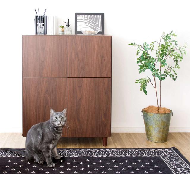 キャットトイレクローゼット 幅75cm 4枚扉 収納付き キャビネット （ キャットトイレ キャットラック 猫用トイレカバー 猫用家具 砂飛び散り防止 収納 棚 トイレクローゼット ペットトイレ 収納ラック 両開き ペット用品 ）