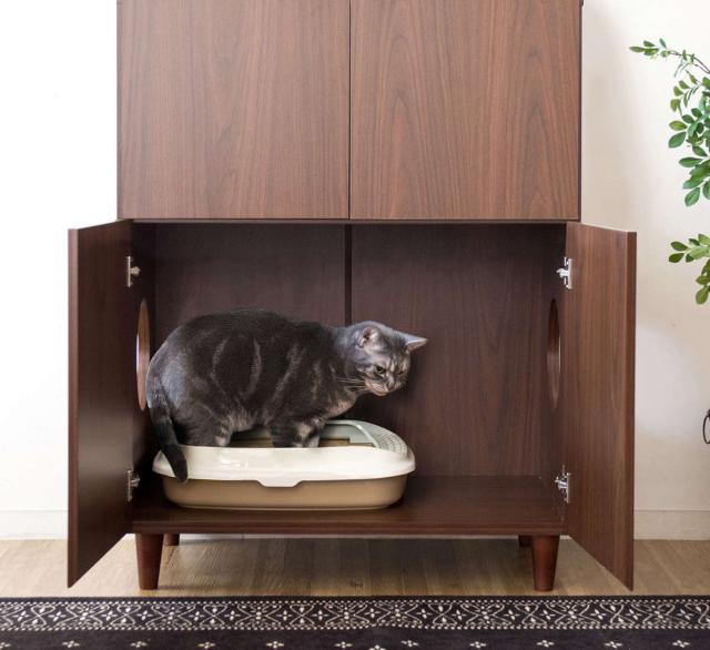 キャットトイレクローゼット 幅75cm 4枚扉 収納付き キャビネット （ キャットトイレ キャットラック 猫用トイレカバー 猫用家具 砂飛び散り防止 収納 棚 トイレクローゼット ペットトイレ 収納ラック 両開き ペット用品 ）