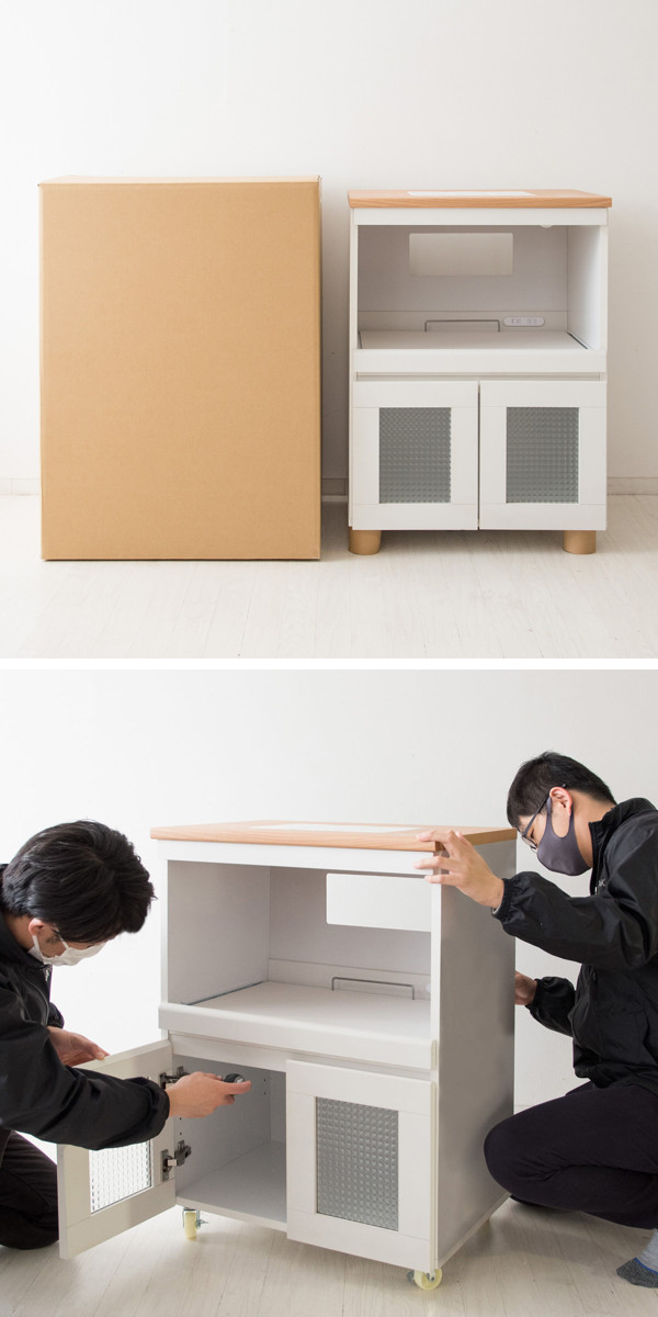 キッチンキャビネット 幅60.2cm 完成品 カントリー調 タイルトップ 引出し付 （ キッチンラック キッチンボード キッチン収納 耐熱 両開き コンパクト 家電収納 レンジラック 台所収納 ホワイト ナチュラル コンセント付き ）_4