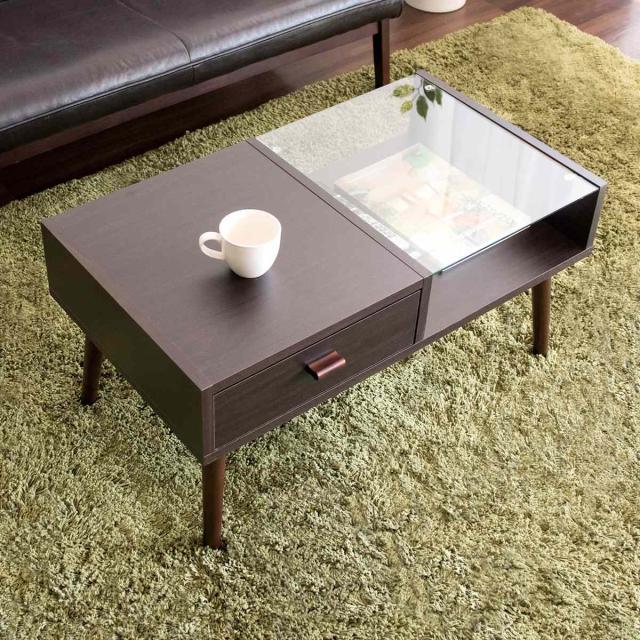 センターテーブル 幅80cm ガラス天板 収納 引き出し 木製 （ テーブル リビングテーブル ローテーブル モダン おしゃれ 北欧 シック 上品 木目 ダークブラウン ホワイト ライトブラウン ）_5