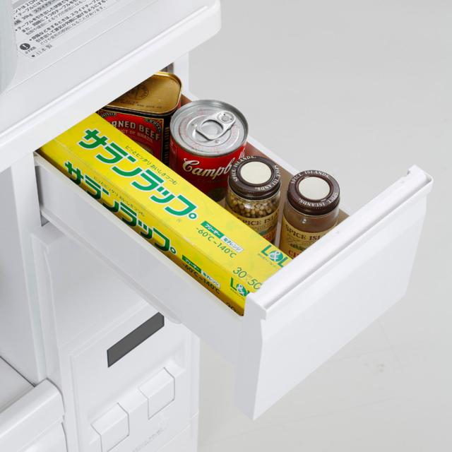 レンジラック 米びつ付き レンジ台 可変上棚付き 12kg （ ラック 電子レンジ 炊飯器 トースター 収納 米櫃 スライド棚 キッチン横 お米入れ 計量 引出し ワゴン レンジボード 家電収納 棚 可変棚 省スペース シンク横 多機能 ）