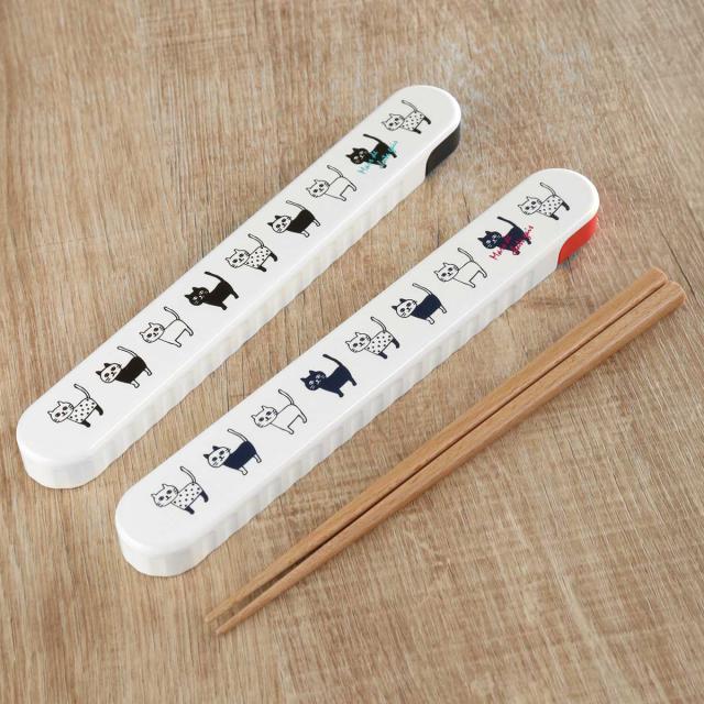 Potter 箸箱セット19.5cm ネコ （ 箸 箸箱 お箸 はし箱 セット 木製 お弁当用 携帯箸 女子 ねこ 19.5センチ スライド式 天然木 弁当 お弁当 持ち運び 携帯用 女性 ネコ ）