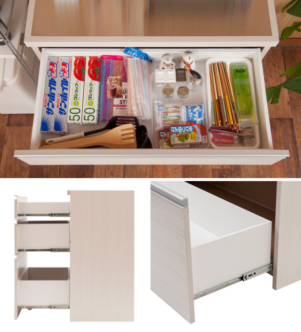 キッチンカウンター 幅80cm 木目調タイプ ステンレストップ 日本製 完成品 （ 木目調 2口コンセント 国産 キッチンボード 背面化粧 お手入れ簡単 台所 食器収納 フルスライドレール ホワイト 白 木目 キッチン キッチン収納 ）_5