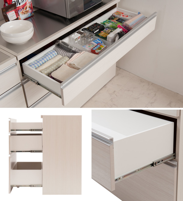 キッチンカウンター 幅110cm 木目調タイプ ステンレストップ 日本製 完成品 （ 木目調 2口コンセント 国産 キッチンボード 背面化粧 お手入れ簡単 台所 食器収納 フルスライドレール ホワイト 白 木目 キッチン キッチン収納 ）_5