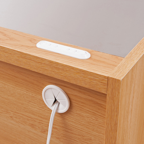 キッチンカウンター 幅110cm 上段引出し3杯 木目調タイプ ステンレストップ 日本製 完成品 （ 木目調 2口コンセント 国産 キッチンボード 背面化粧 台所 お手入れ簡単 食器収納 フルスライドレール ホワイト 白 木目 キッチン ）の通販は