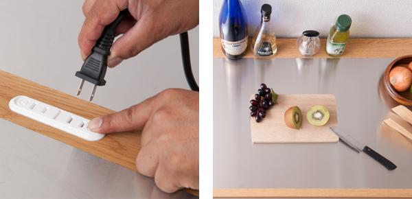 キッチンカウンター 幅110cm 上段引出し3杯 木目調タイプ ステンレストップ 日本製 完成品 （ 木目調 2口コンセント 国産 キッチンボード 背面化粧 台所 お手入れ簡単 食器収納 フルスライドレール ホワイト 白 木目 キッチン ）の通販は