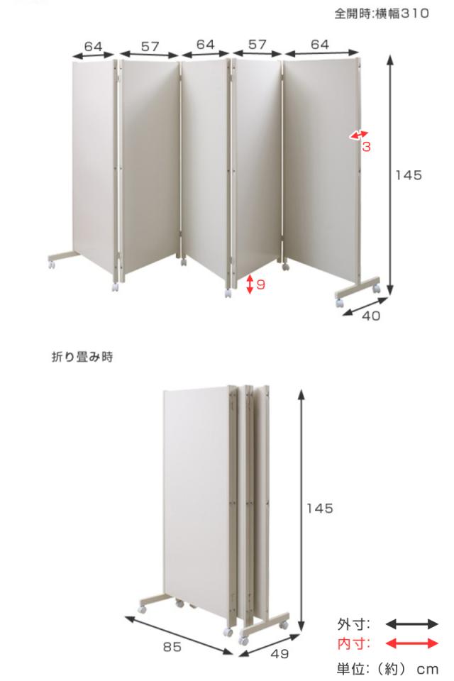 パーテーション キャスター付きパーテーション 5連 高さ145cm （ 自立