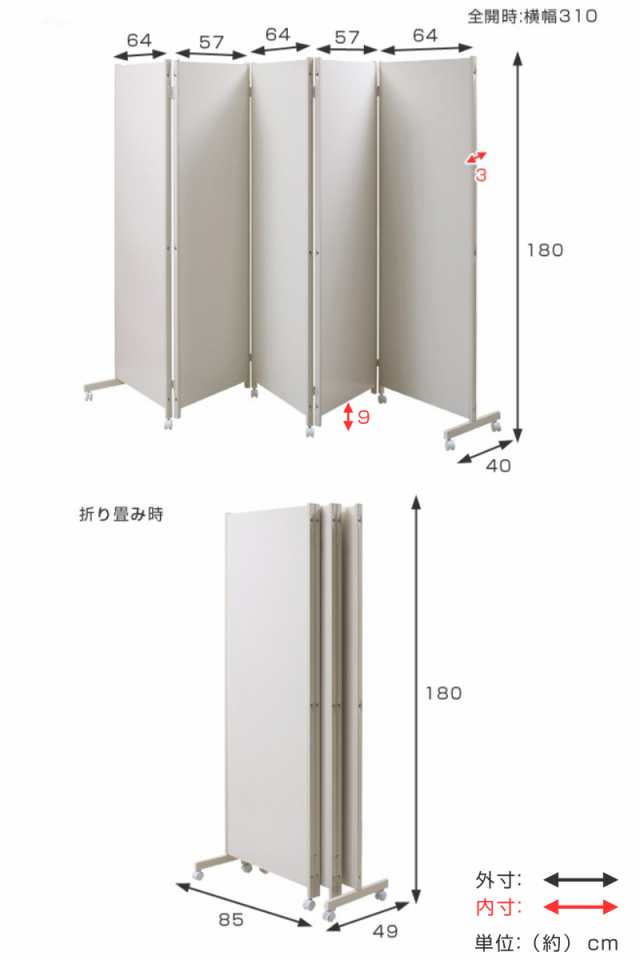 パーテーション キャスター付きパーテーション 5連 高さ180cm （ 自立