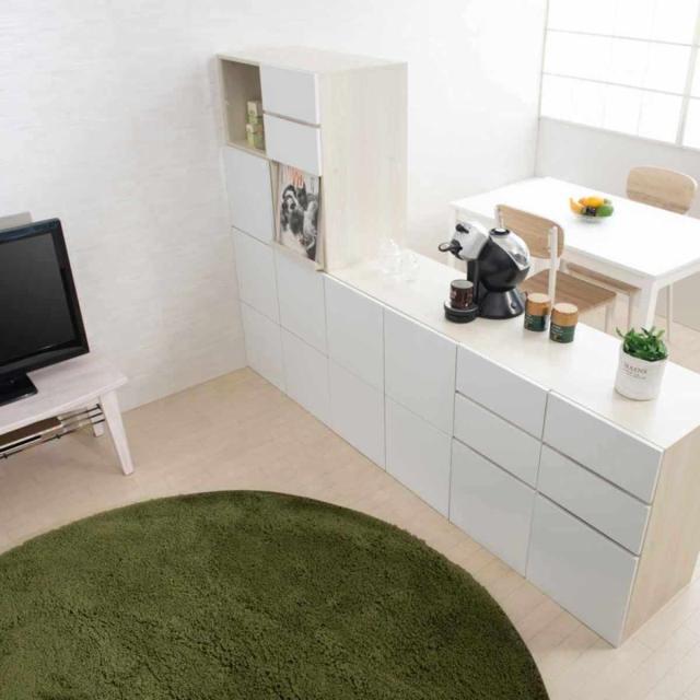 スクエアキャビネット 引出し 下扉タイプ ハイグロス前板 幅70cm （ キャビネット 収納 棚 ラック 家具 リビング収納 チェスト コード穴 モデム収納 飾り棚 引き出し ホワイト ナチュラル ）_15