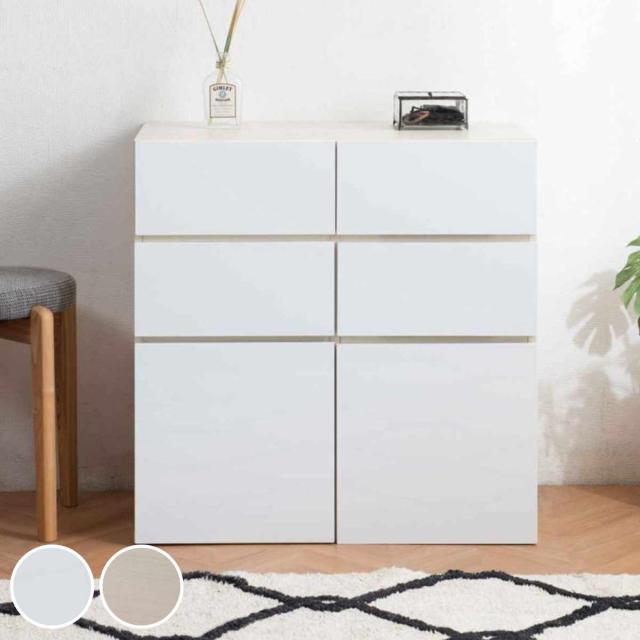 スクエアキャビネット 引出し 下扉タイプ ハイグロス前板 幅70cm （ キャビネット 収納 棚 ラック 家具 リビング収納 チェスト コード穴 モデム収納 飾り棚 引き出し ホワイト ナチュラル ）