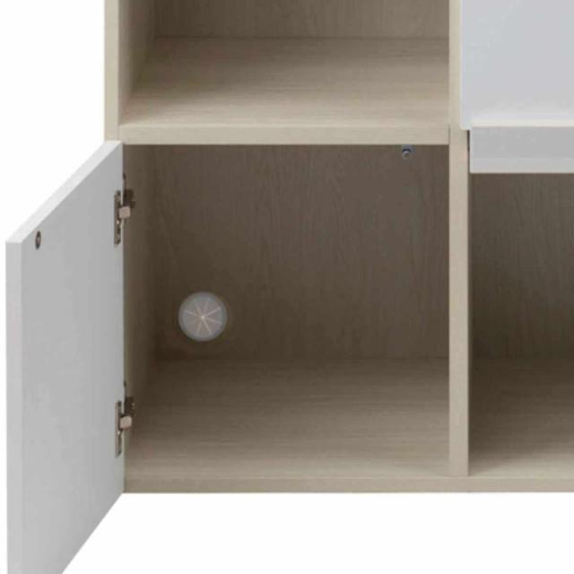 スクエアキャビネット 4パターン収納タイプ ハイグロス前板 幅70cm （ キャビネット 収納 棚 ラック 家具 フラップ扉 リビング収納 チェスト コード穴 モデム収納 飾り棚 引き出し ホワイト ナチュラル ）_12
