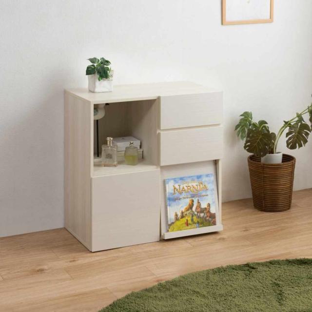 スクエアキャビネット 4パターン収納タイプ ハイグロス前板 幅70cm （ キャビネット 収納 棚 ラック 家具 フラップ扉 リビング収納 チェスト コード穴 モデム収納 飾り棚 引き出し ホワイト ナチュラル ）_6