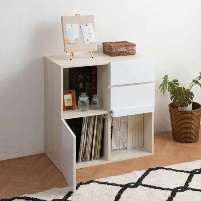 スクエアキャビネット 4パターン収納タイプ ハイグロス前板 幅70cm （ キャビネット 収納 棚 ラック 家具 フラップ扉 リビング収納 チェスト コード穴 モデム収納 飾り棚 引き出し ホワイト ナチュラル ）_7