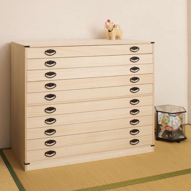 桐タンス 幅99.5cm 浅型 10段 台輪あり 着物用 日本製 （ 桐箪笥 収納 桐チェスト 国産 完成品 桐 たんす タンス 箪笥 積み重ね 桐衣装箱 着物収納 衣類収納 チェスト 天然木 ）