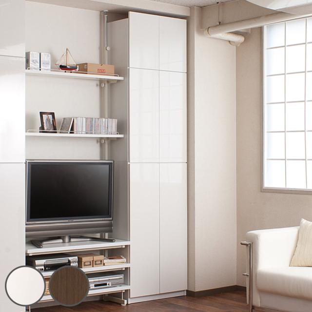 突っ張り 壁面収納 扉タイプ キャビネット 幅60cm 耐震 日本製 （ 壁面家具 つっぱり 転倒防止 ハイグロス 大量収納 簡単設置 半完成品 F★★★★ 全面扉 本棚 突っ張り家具 高さ230〜253cm 可動棚 巾木除け 艶出し 木目調 ）の通販は 43,490円