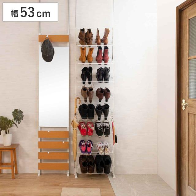 突っ張り ブーツラック 幅53cm 薄型 ホワイト 日本製 見せる収納 （ シューズラック ラック スリム 壁面収納 収納 つっぱり 靴収納 靴箱 最大16足 玄関収納 靴置き 壁面ラック 収納ラック 棚 奥行き 約 20 玄関 ブーツ 靴 シューズ ）の通販は 9,065円