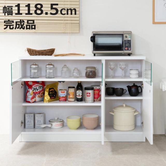 カウンター下収納 幅118.5cm 3枚扉 リビングキャビネット サイドボード （ 食器棚 カップボード キャビネット 棚 収納 完成品 日本製 カウンター下 薄型 窓下収納 国産 本棚 扉付 可動棚 ホワイト ディスプレイ ）