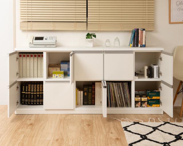 ワイドキャビネット 幅109cm 6枚扉タイプ 日本製 完成品 （ キャビネット ラック スクエア 収納棚 リビングボード A4対応 ラインハンドル 本棚 収納 リビング収納 小物整理 国産 扉付 木製 幅110cm 110cm ホワイト ダークブラウン ）_9