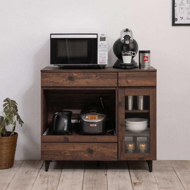 送料無料】【幅88cm】レンジ台 2口コンセント付き 木目調 ガラス扉