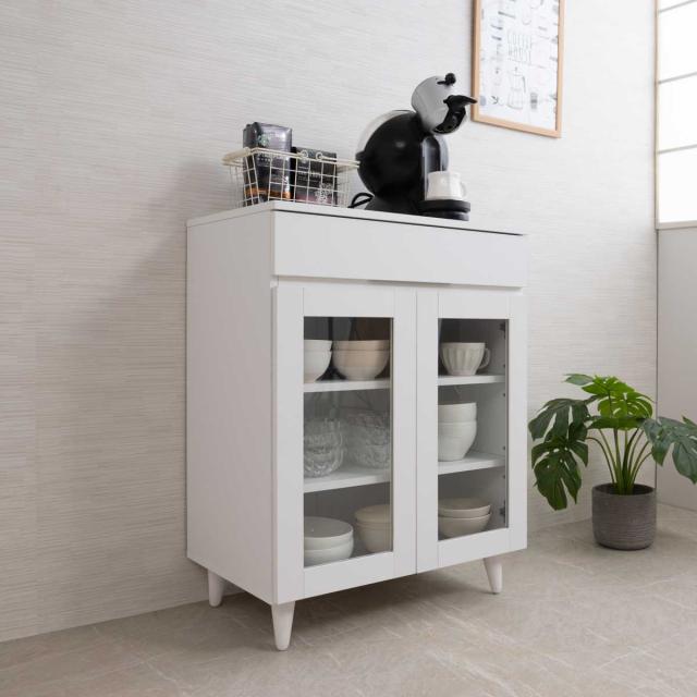 キッチンカウンター 幅60cm ガラス扉 ミニカップボード ホワイトリヴ （ Whiteliv カウンター 食器棚 カップボード 可動棚 組み合わせ キッチン収納 ホワイト 引き出し シンプル ）_5