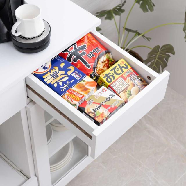 キッチンカウンター 幅90cm レンジ台 スライド棚 2口コンセント ホワイトリヴ （ Whiteliv カウンター レンジボード コンセント付 組み合わせ キッチン収納 ホワイト 引き出し 3杯 可動棚 シンプル ）_7