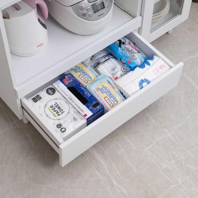 キッチンカウンター 幅90cm レンジ台 スライド棚 2口コンセント ホワイトリヴ （ Whiteliv カウンター レンジボード コンセント付 組み合わせ キッチン収納 ホワイト 引き出し 3杯 可動棚 シンプル ）_8