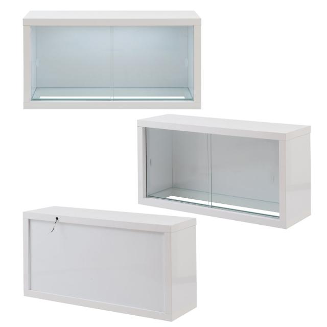 コレクションボード オープンタイプ LEDライト付き 幅90cm 艶有り仕上げ （ recta コレクションラック ディスプレイ 照明 収納 棚 引出し 艶あり 組み合わせ ガラス天板 ハイグロス仕上げ 引き戸 ホワイト 奥行スリム 薄型 ）