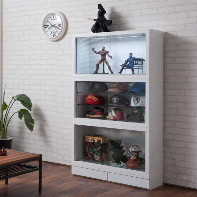コレクションボード オープンタイプ LEDライト付き 幅90cm 艶有り仕上げ （ recta コレクションラック ディスプレイ 照明 収納 棚 引出し 艶あり 組み合わせ ガラス天板 ハイグロス仕上げ 引き戸 ホワイト 奥行スリム 薄型 ）