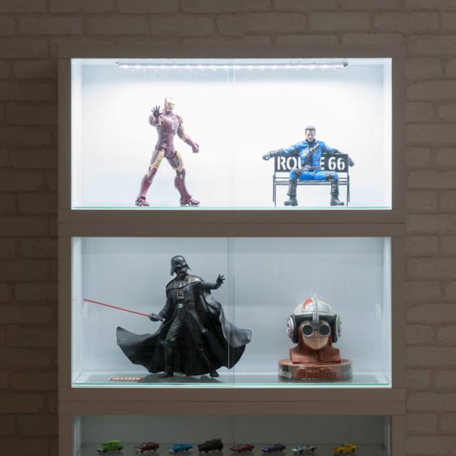 コレクションボード オープンタイプ LEDライト付き 幅90cm 艶有り仕上げ （ recta コレクションラック ディスプレイ 照明 収納 棚 引出し 艶あり 組み合わせ ガラス天板 ハイグロス仕上げ 引き戸 ホワイト 奥行スリム 薄型 ）