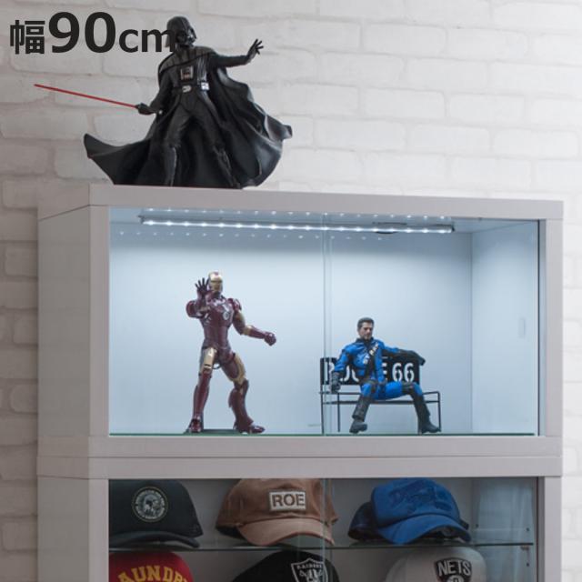 コレクションボード オープンタイプ LEDライト付き 幅90cm 艶有り仕上げ （ recta コレクションラック ディスプレイ 照明 収納 棚 引出し 艶あり 組み合わせ ガラス天板 ハイグロス仕上げ 引き戸 ホワイト 奥行スリム 薄型 ）