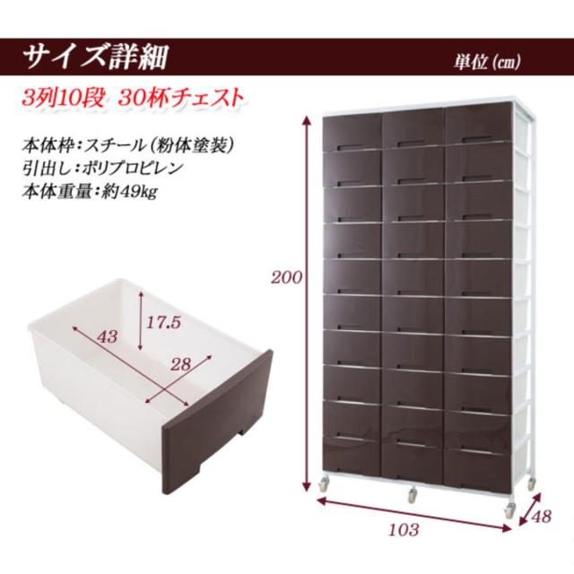 衣装ケース 大量収納プラスチックチェスト 3列10段 （ 幅103×奥行48×高さ200cm 収納ボックス 引き出し ハイタイプ 収納ケース チェスト 衣類収納 大容量 タンス キャスター付 リビング収納 クローゼット ランドリー 日本製 スリム ）