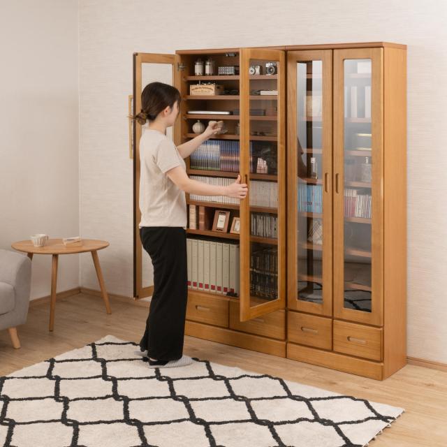 本棚 ガラス扉 幅80cm 桐材 完成品 日本製 （ 食器棚 棚 ラック 可動棚 天然木前板 A4対応 家具 収納 カップボード 引き出し ホワイトウォッシュ ライトブラウン ）_18