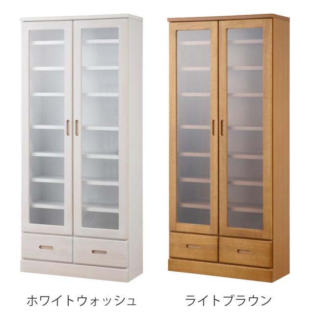 本棚 ガラス扉 幅80cm 桐材 完成品 日本製 （ 食器棚 棚 ラック 可動棚 天然木前板 A4対応 家具 収納 カップボード 引き出し ホワイトウォッシュ ライトブラウン ）_2