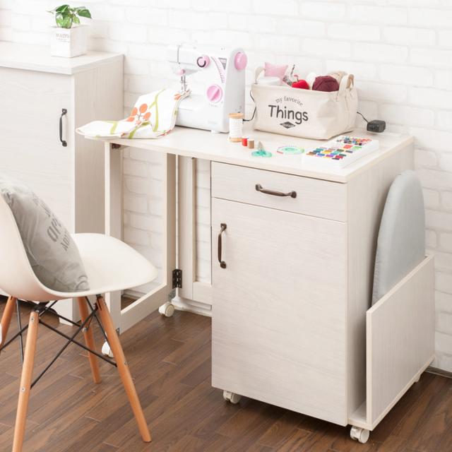 ミシン台 幅97cm 折りたたみテーブル 2口コンセント付 ワゴン式