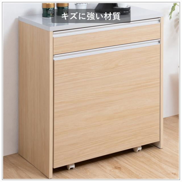 キッチンカウンター 幅80.5cm ダストボックス付 グロス天板 日本製 完成品 （ キッチン 収納 カウンター ごみ箱 棚 2口コンセント付 ラック コンセント ダストボックス キッチンラック 引き出し フルスライドレール ）