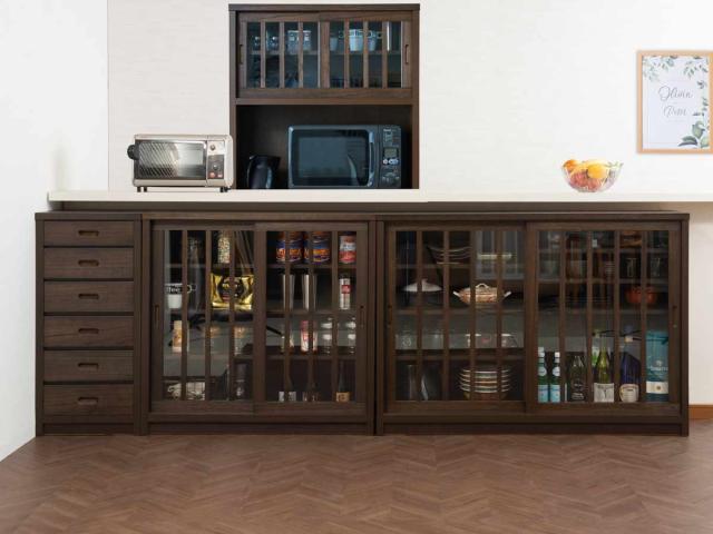 カウンター下収納 幅90.5cm ガラス引き戸 和モダン調 日本製 完成品