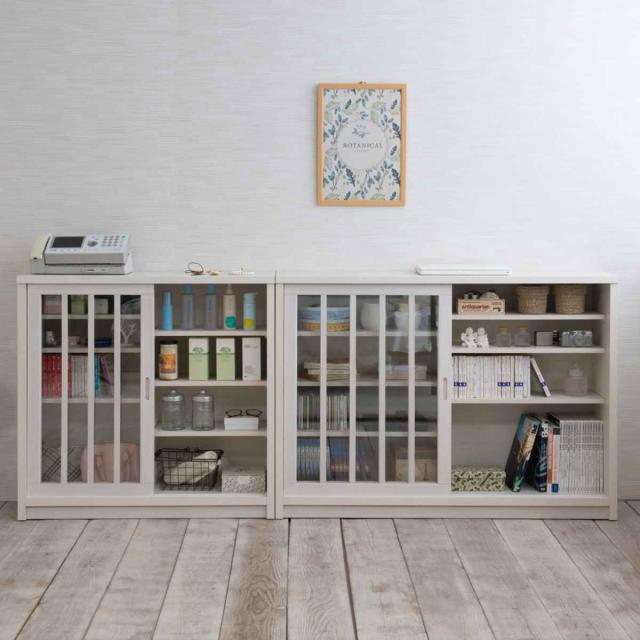 キャビネット 幅90.5cm ガラス引き戸 縦格子 和モダン調 日本製