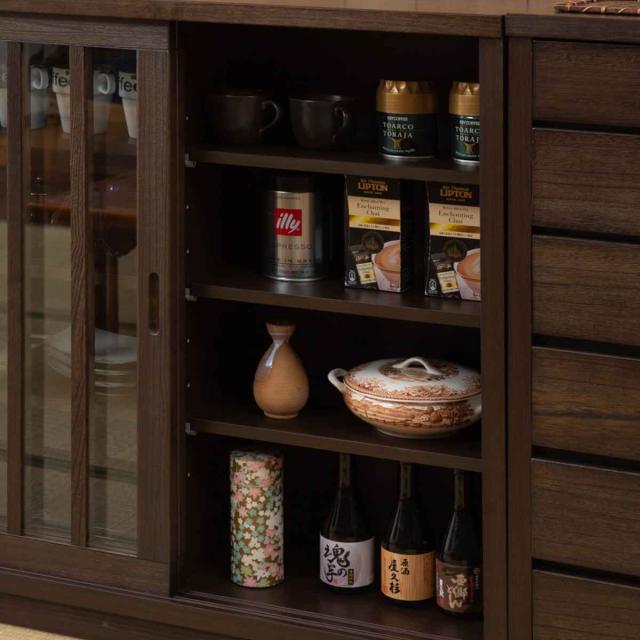 キャビネット 幅90.5cm ガラス引き戸 縦格子 和モダン調 日本製 完成品