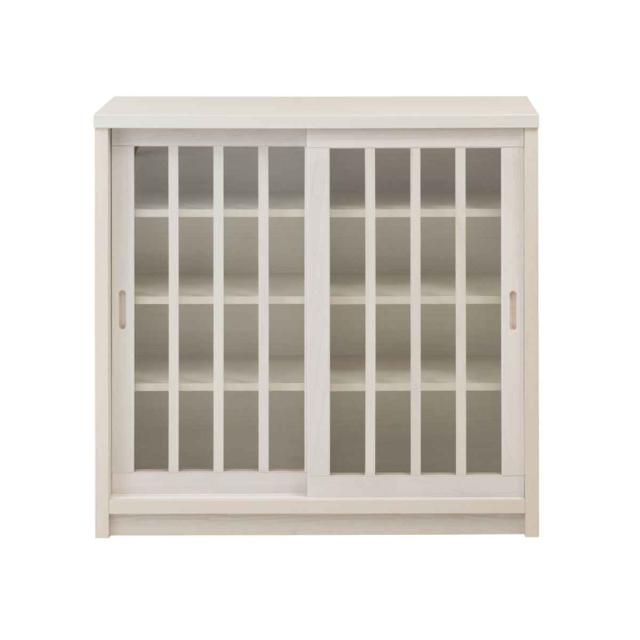 和モダン　格子チェスト キャビネット 幅90.5cm ガラス引き戸 縦格子 和モダン調 日本製 完成品