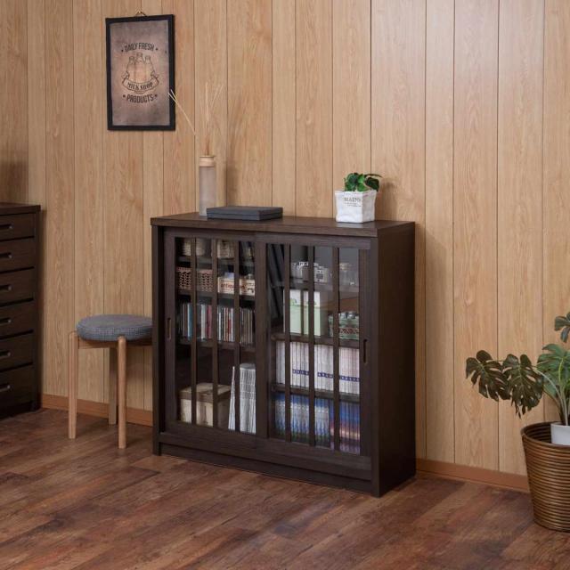 キャビネット 幅90.5cm ガラス引き戸 縦格子 和モダン調 日本製