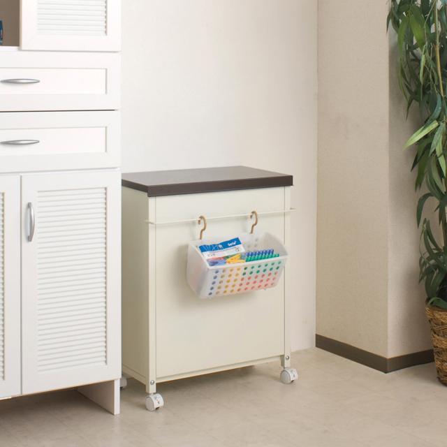 ベランダボックス 奥行31.5cm 小物収納カゴ付 キャスター付 （ ベランダ 収納 ランドリー収納 収納庫 小型 ストッカー ランドリー ボックス 奥行スリム カゴ付 イエロー ブラウン 室内 屋外 ）_7