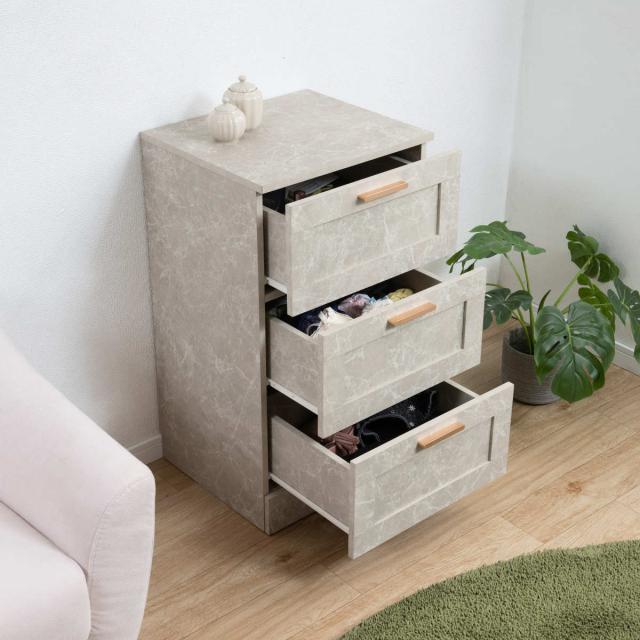 LED付き3段チェスト ベージュ 大理石調天板 チェスト 幅45.5cm 大理石調 引出し3段 （ 収納 衣類収納 引き出し