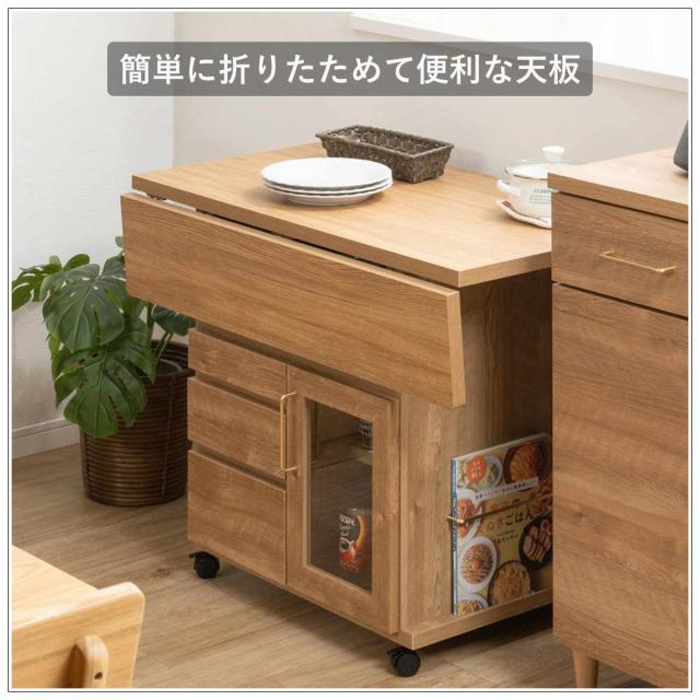 キッチンワゴン 幅89.5cm 天板 折りたたみ 両バタ 日本製 完成品 （ 木目調 90cm キッチンカウンター キャスター付き 作業台 可動棚 カウンターテーブル 引き出し 天板付き キッチン収納 バタフライワゴン ）_3