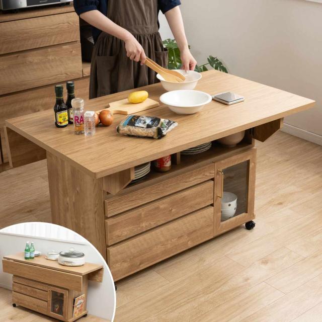 キッチンワゴン 幅119.5cm 天板 折りたたみ 両バタ 日本製 完成品 （ 木目調 120cm キッチンカウンター キャスター付き 作業台 可動棚 カウンターテーブル 引き出し キッチン収納 バタフライワゴン 天板付き ）