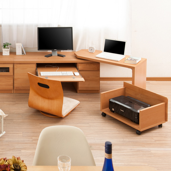 パソコンデスク ロータイプ 回転テーブル付 天然木 アルダー 幅120cm （ デスク PCデスク 机 プリンターワゴン つくえ ローデスク ワークデスク 日本製 完成品 木製 収納 スライド棚 パソコン ）_4