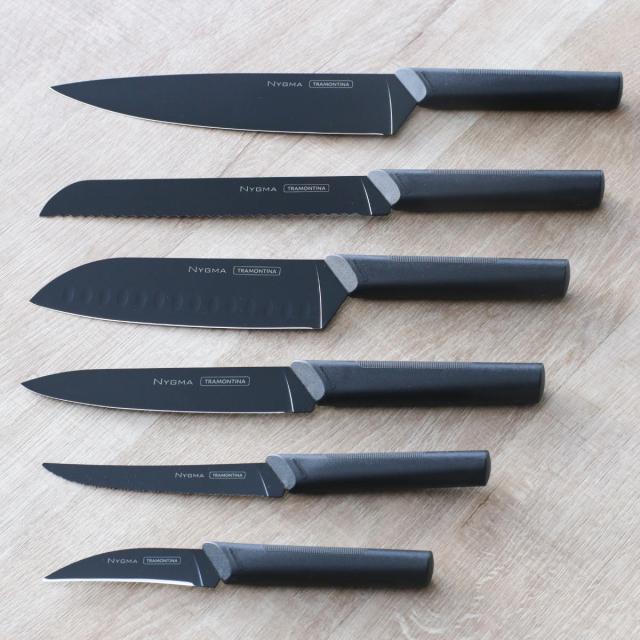 包丁 6点セット ニグマ ブラック トラモンティーナ （ TRAMONTINA 牛刀包丁 果物ナイフ パン切り包丁 料理包丁 包丁セット ステンレス キッチンナイフ 果物包丁 シェフナイフ 文化包丁 万能包丁 庖丁 錆びにくい 切れ味抜群 黒 軽い ）
